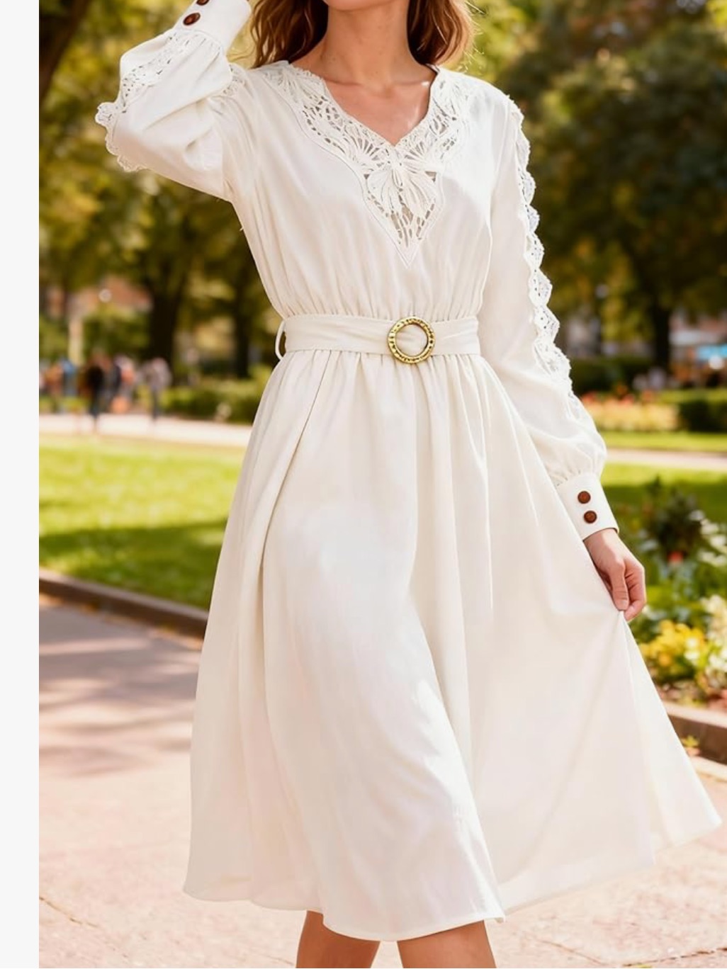 Elegant Ivory Lace-Trim Midi Dress With Belt